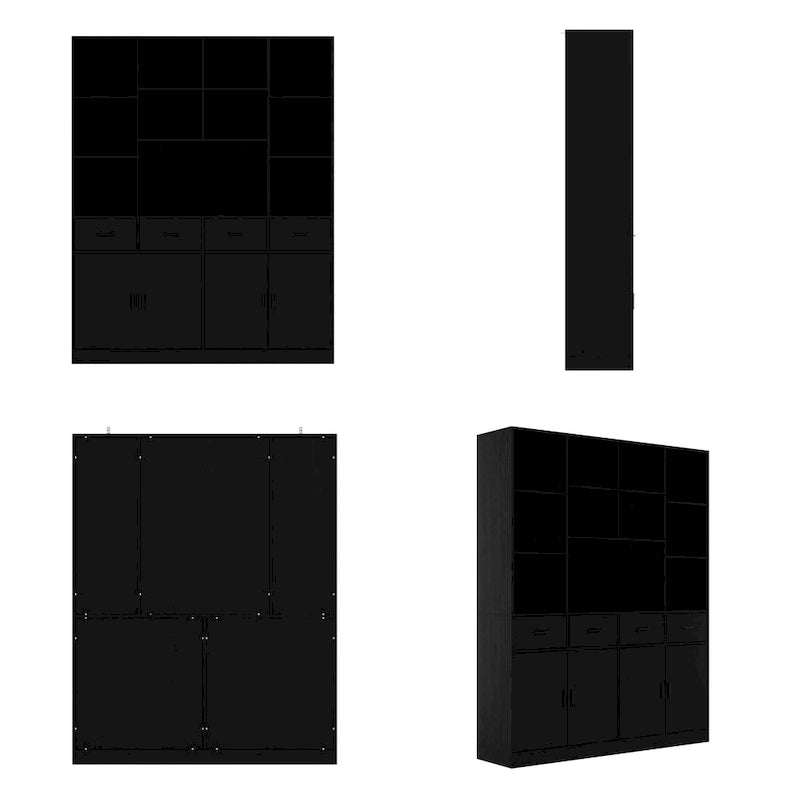 Libreria con 4 ante, 4 cassetti e ripiani, Nera - H 200 cm