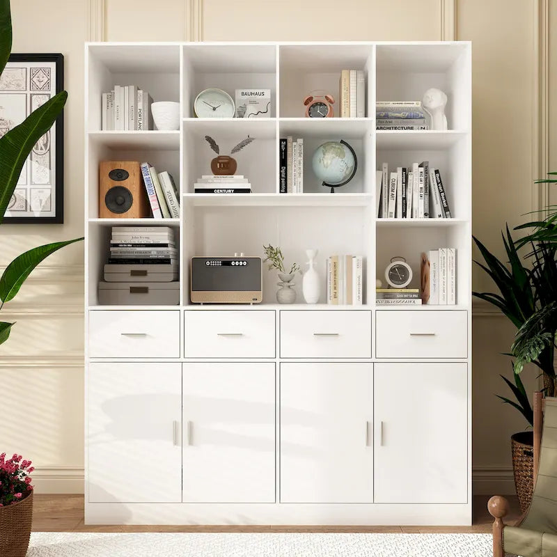Libreria con 4 ante, 4 cassetti e ripiani, Nera - H 200 cm
