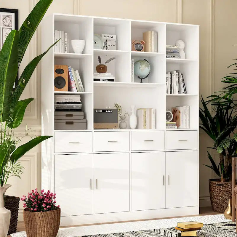 Libreria con 4 ante, 4 cassetti e ripiani, Nera - H 200 cm