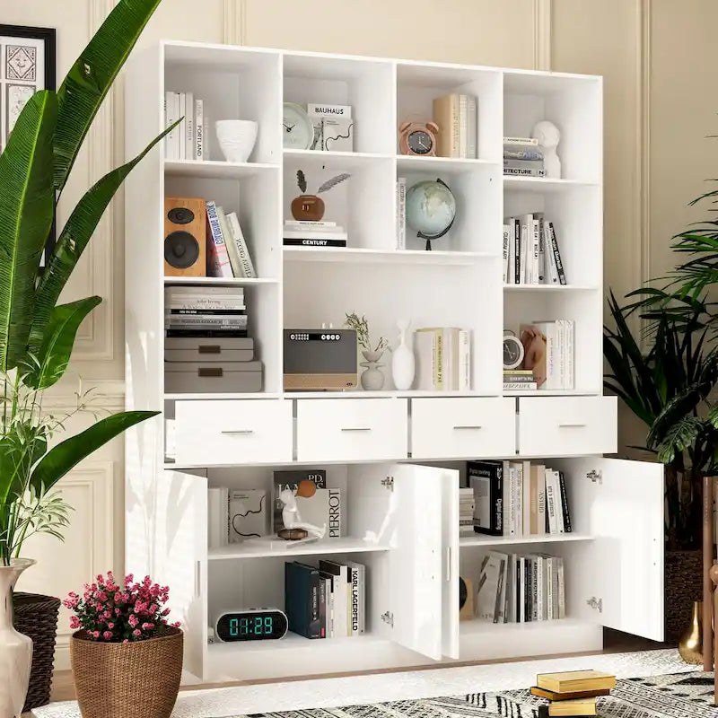 Libreria con 4 ante, 4 cassetti e ripiani, Nera - H 200 cm