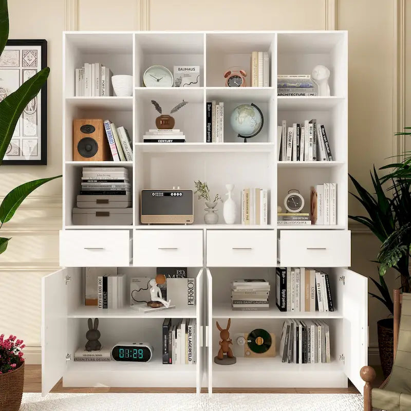 Libreria con 4 ante, 4 cassetti e ripiani, Nera - H 200 cm