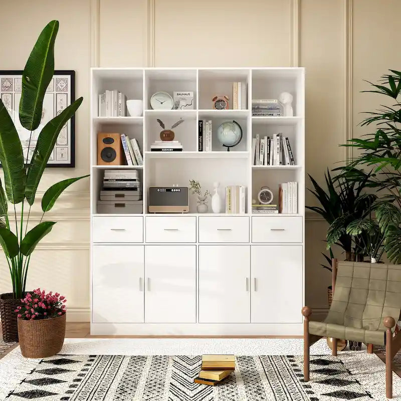Libreria con 4 ante, 4 cassetti e ripiani, Nera - H 200 cm