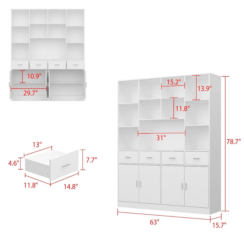 Libreria con 4 ante, 4 cassetti e ripiani, Nera - H 200 cm