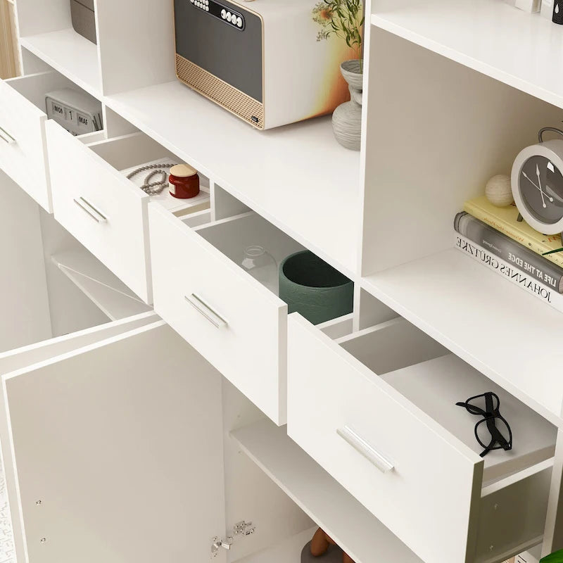 Libreria con 4 ante, 4 cassetti e ripiani, Nera - H 200 cm