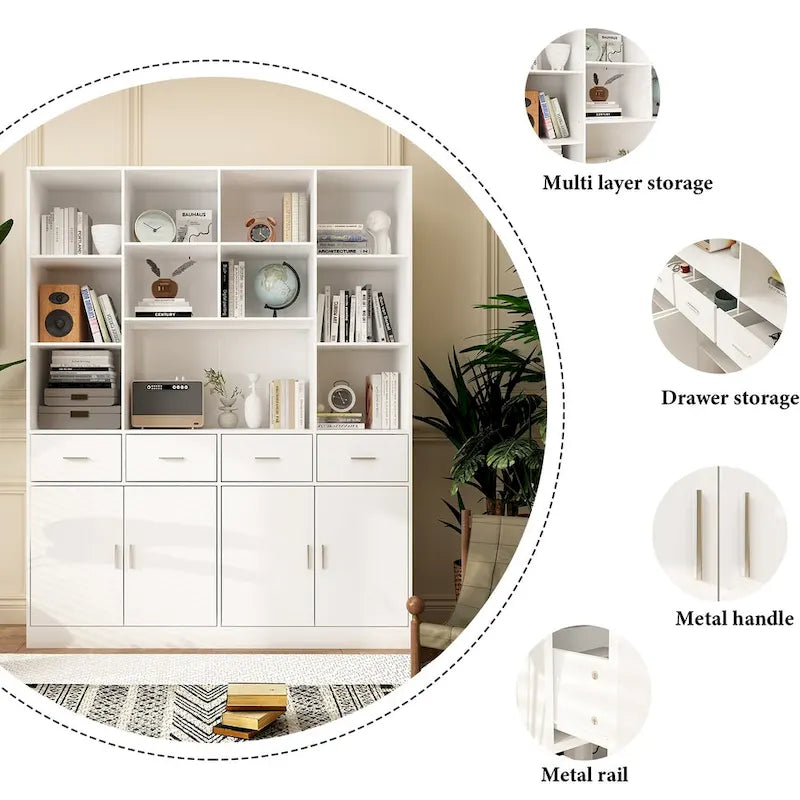 Libreria con 4 ante, 4 cassetti e ripiani, Nera - H 200 cm