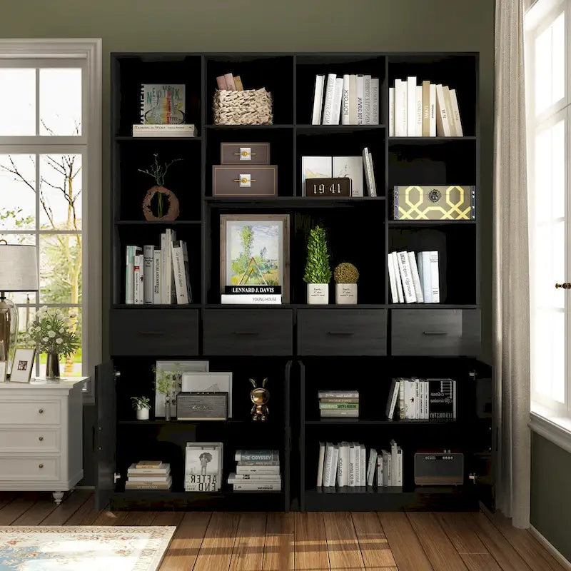Libreria con 4 ante, 4 cassetti e ripiani, Nera - H 200 cm