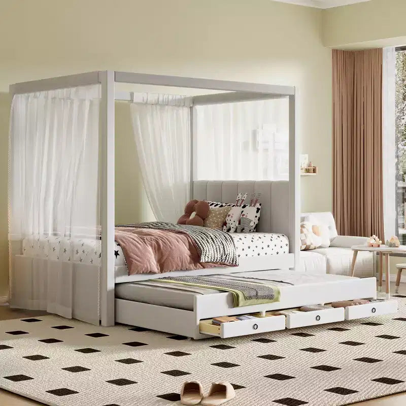Cama de plataforma com dossel estofada em linho, tamanho de casal, com cama auxiliar e três gavetas de arrumação