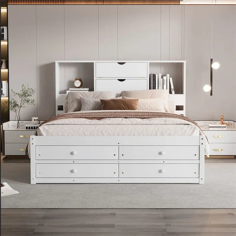 Letto Queen Size con Piattaforma e Testiera con Contenitore, e 8 Cassetti
