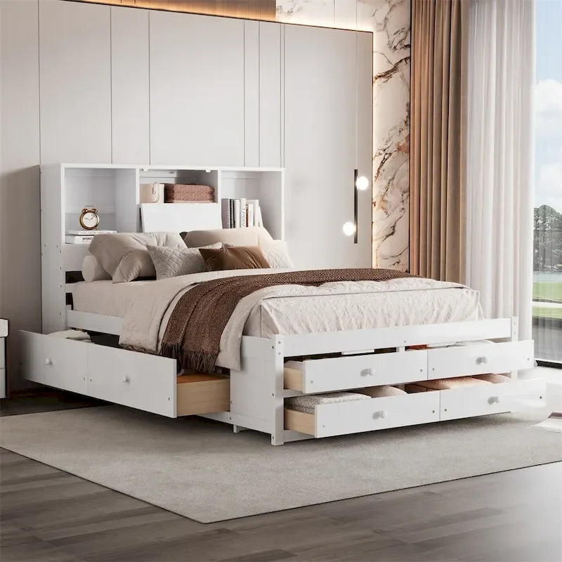 Letto Queen Size con Piattaforma e Testiera con Contenitore, e 8 Cassetti
