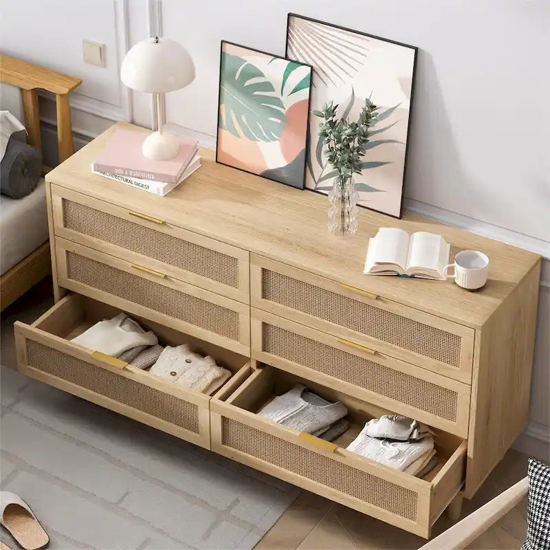 Mobile Contenitore in Rattan da 59" con 6 Cassetti e Gambe in Legno