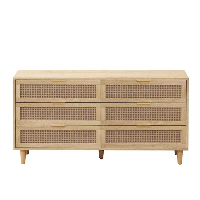 Mobile Contenitore in Rattan da 59" con 6 Cassetti e Gambe in Legno