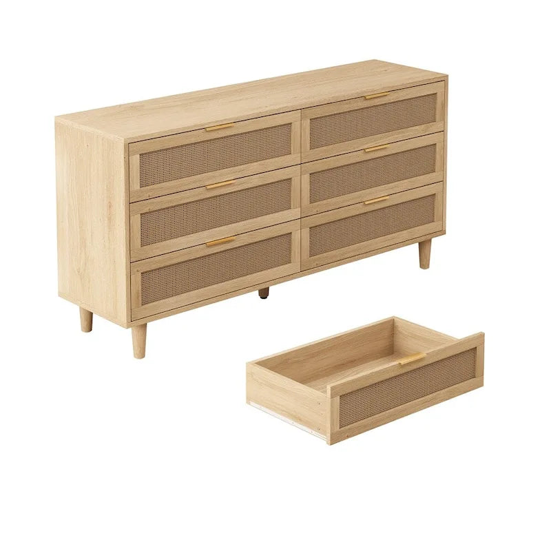 Mobile Contenitore in Rattan da 59" con 6 Cassetti e Gambe in Legno