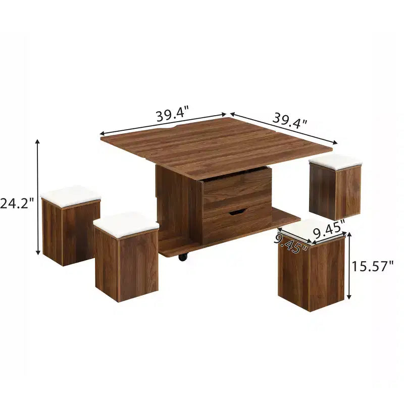 Mesa de centro moderna multifunções com tampo elevável, arrumação oculta, 4 bancos e rodízios, perfeita para espaços de estar modernos