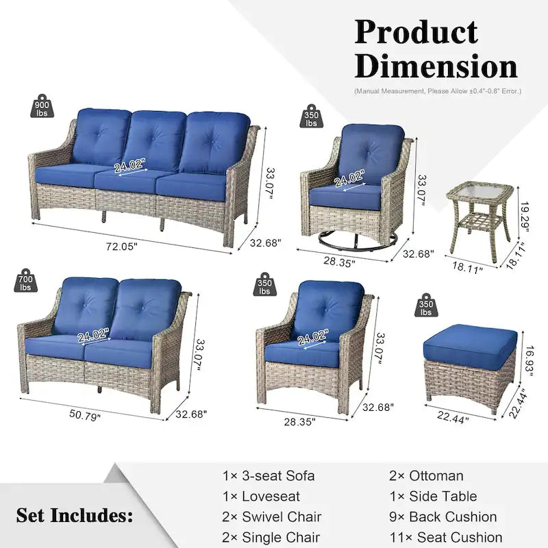 Ensemble de conversation de mobilier de patio extérieur XIZZI en 9 pièces avec fauteuil pivotant