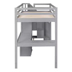 Hochbett in Twin-Größe mit L-förmigem Schreibtisch, 3 Schubladen, Schrank und Stauraum in der Treppe, Konstruktion aus massivem Kiefernholz/MDF