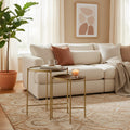 2 Piece Round Nesting Tables, Gold Iron, Modern Mango Wood, Warm Brown
