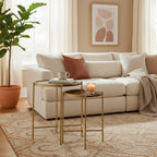 2 Piece Round Nesting Tables, Gold Iron, Modern Mango Wood, Warm Brown