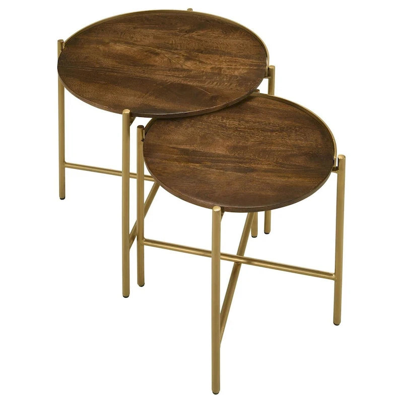 Set 2 tavolini rotondi, Ferro dorato, Legno di mango moderno, Marrone caldo