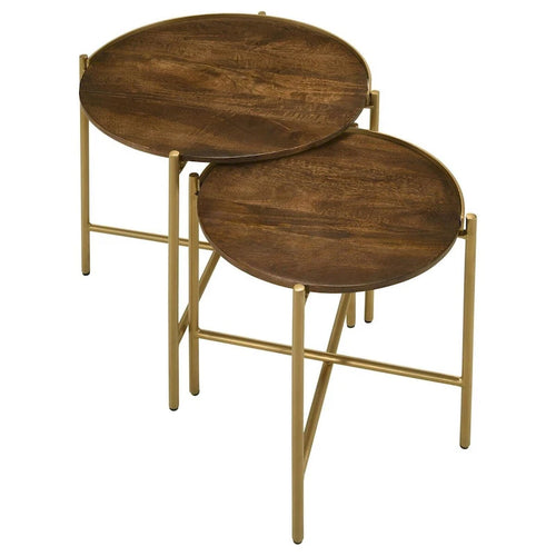 Set 2 tavolini rotondi, Ferro dorato, Legno di mango moderno, Marrone caldo