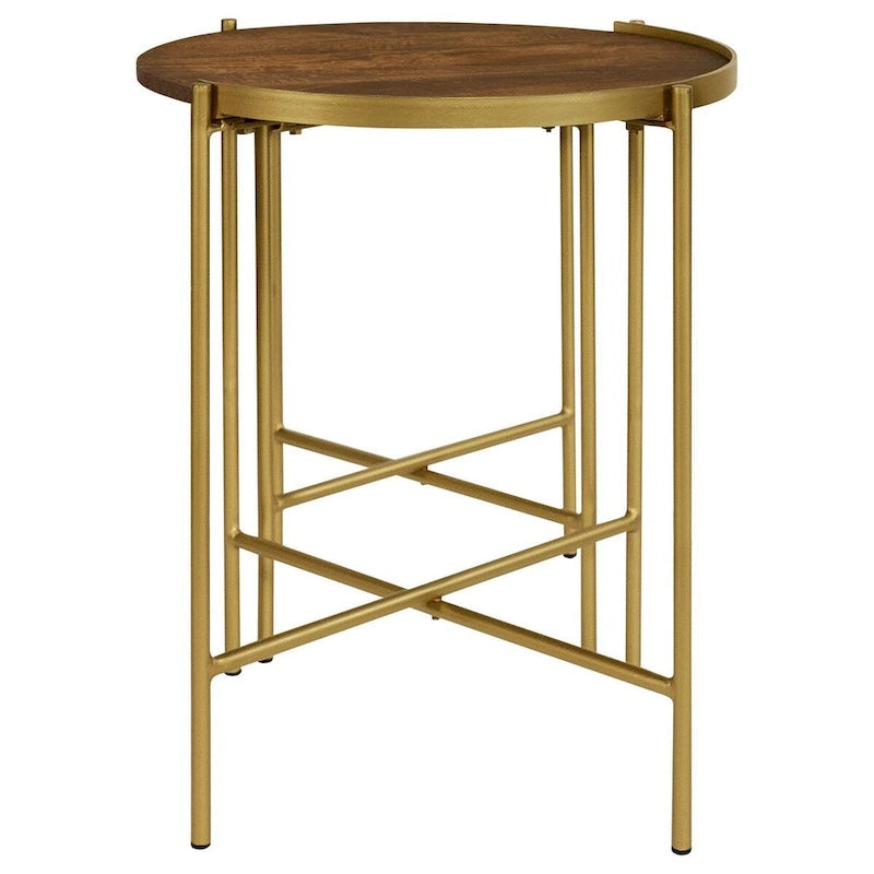 Set 2 tavolini rotondi, Ferro dorato, Legno di mango moderno, Marrone caldo
