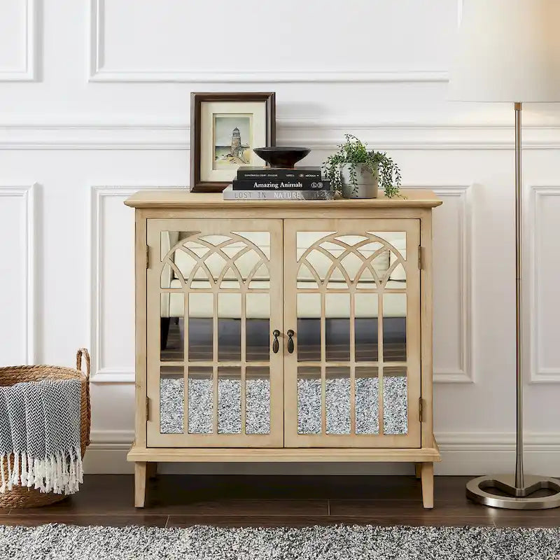  Wood Accent Cabinet with Mirrored Doors Sideboard Buffet