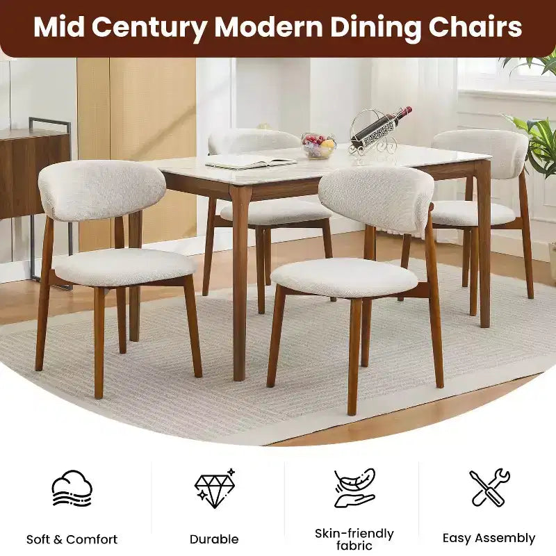 Zestaw 4 krzeseł do jadalni, tapicerowane krzesła w stylu mid-century modern, krzesła kuchenne w stylu wiejskim z wyściełanym siedziskiem z tkaniny i drewnianymi nogami, beżowe