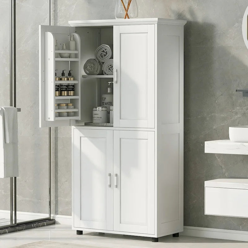 Armadietto da terra alto e largo per bagno, Mobiletto contenitore per bagno, Armadietto autoportante con 4 ante, Ripiani regolabili