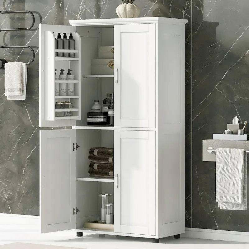 Armadietto da terra alto e largo per bagno, Mobiletto contenitore per bagno, Armadietto autoportante con 4 ante, Ripiani regolabili