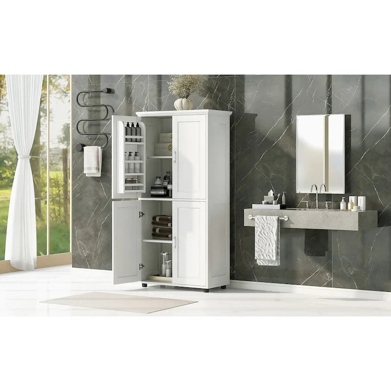 Armadietto da terra alto e largo per bagno, Mobiletto contenitore per bagno, Armadietto autoportante con 4 ante, Ripiani regolabili