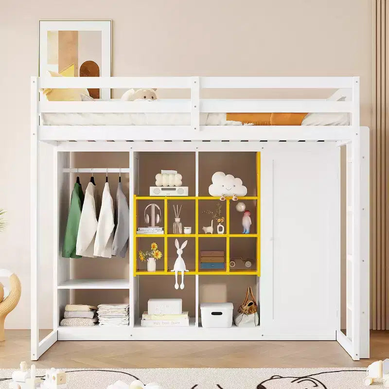 Lit mezzanine pour enfants avec armoire et étagères, cadre de lit mezzanine en bois avec meuble de rangement pour enfants et adolescents