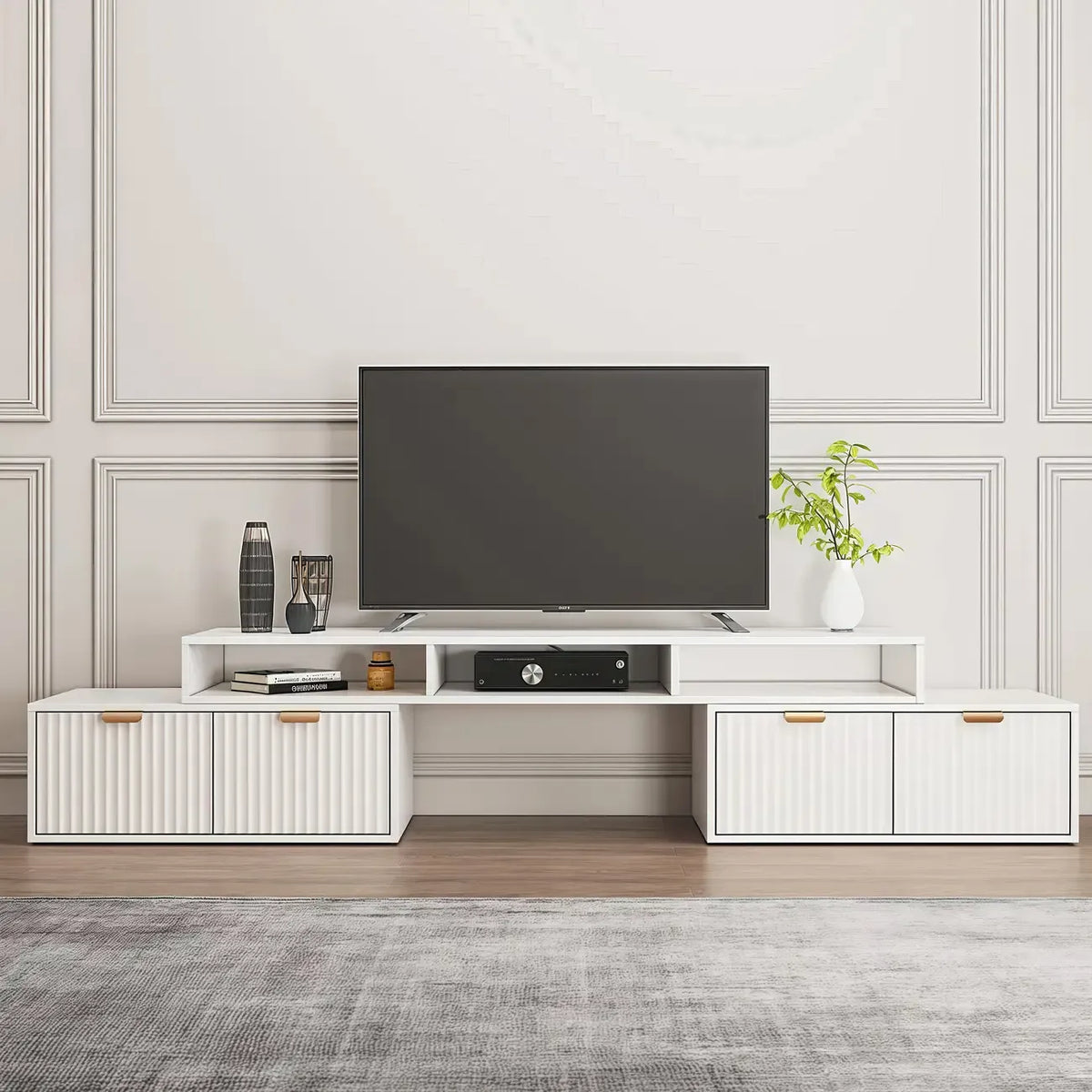 Mobile TV angolare moderno bianco con 2 cassetti e vani portaoggetti aperti