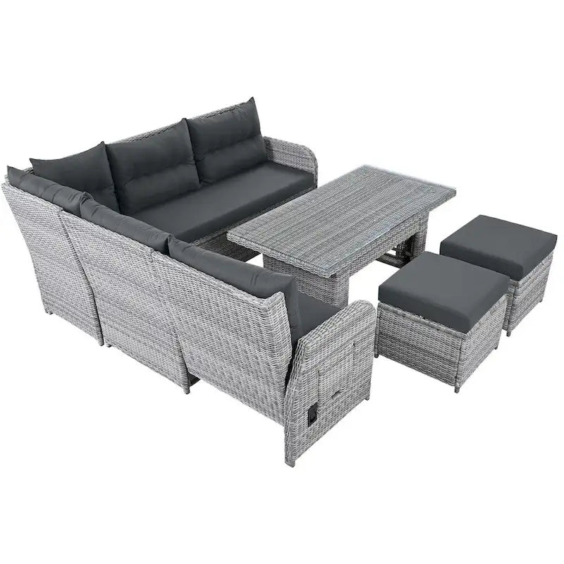 Outdoor-Rattanmöbel-Set mit verstellbarem Tisch, Relaxsesseln und 2 Hockern