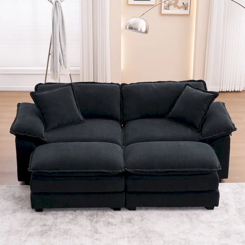 Zweisitzer-Sofa mit 2 Sitzkissen, 2 Kissen und 2 Hockern, bequemes Sofa – tiefes Wohnzimmer-Sofa, modulares Sofa