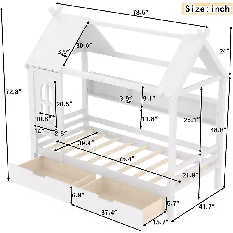 Huisbed met opbergladen en raam, frame van massief hout met planken, speels kinderdesign, lichtwit