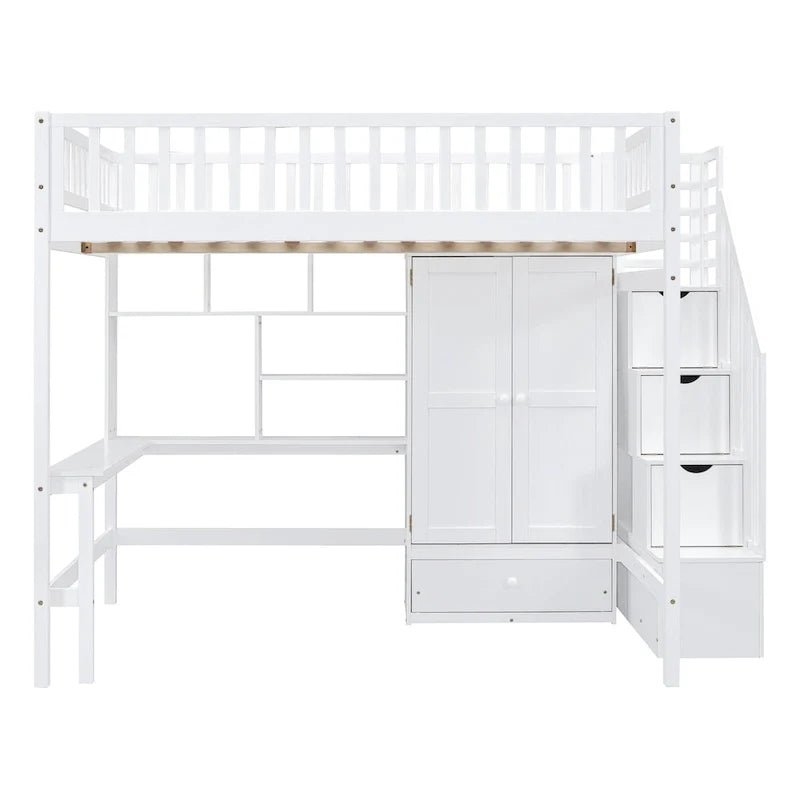 Lit mezzanine double en pin avec bureau et rangement