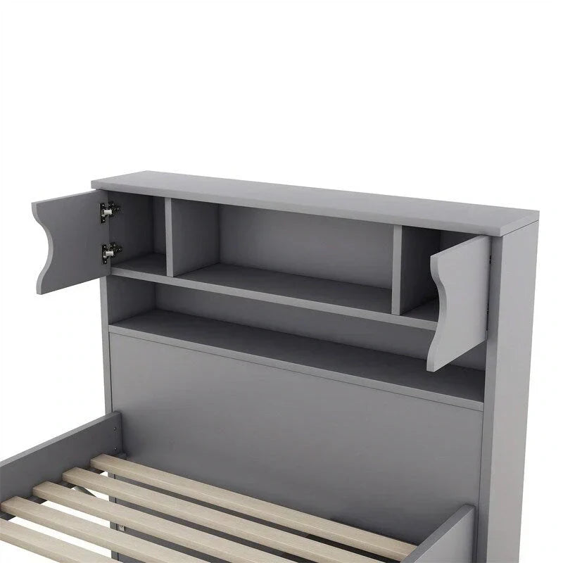 Letto a piattaforma Captain matrimoniale o singolo con 4 cassetti e ripiani contenitori, struttura in legno massello con testiera libreria contenitore