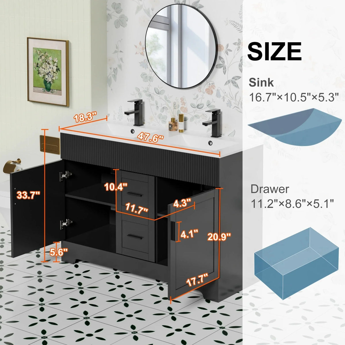 Wavy Line Badezimmermöbel-Set mit Waschbecken und Wasserhahn, 30/36/48 Zoll