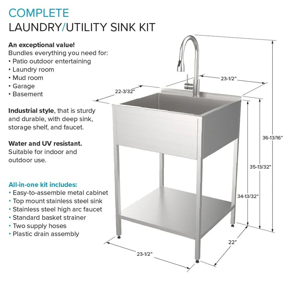 Évier et meuble de buanderie en acier inoxydable de 24 po de largeur x 22 po de profondeur x 35 po de hauteur