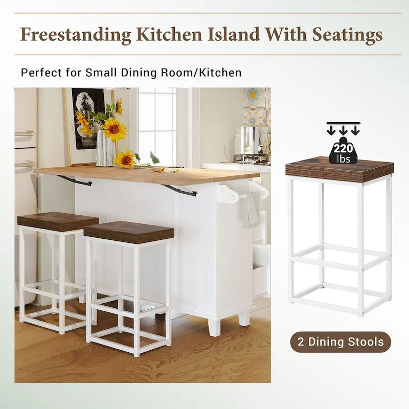 Ensemble îlot de cuisine TOPMAX avec rallonge rabattable et 2 places assises, ensemble table à manger avec étagère réglable, tiroirs et porte-serviettes