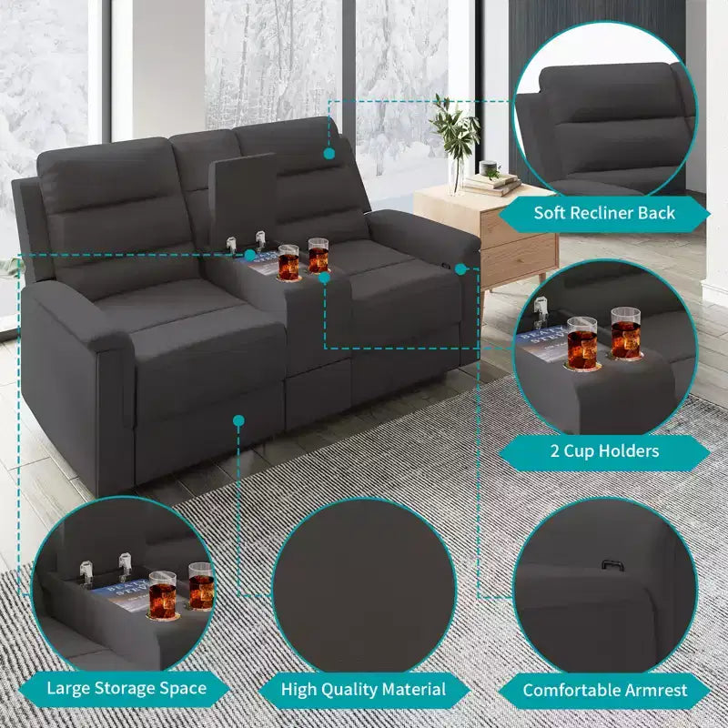 Beige-graues Relaxsofa aus Tech-Gewebe, 2-Sitzer, mit verstellbarer Rückenlehne und Fußstütze