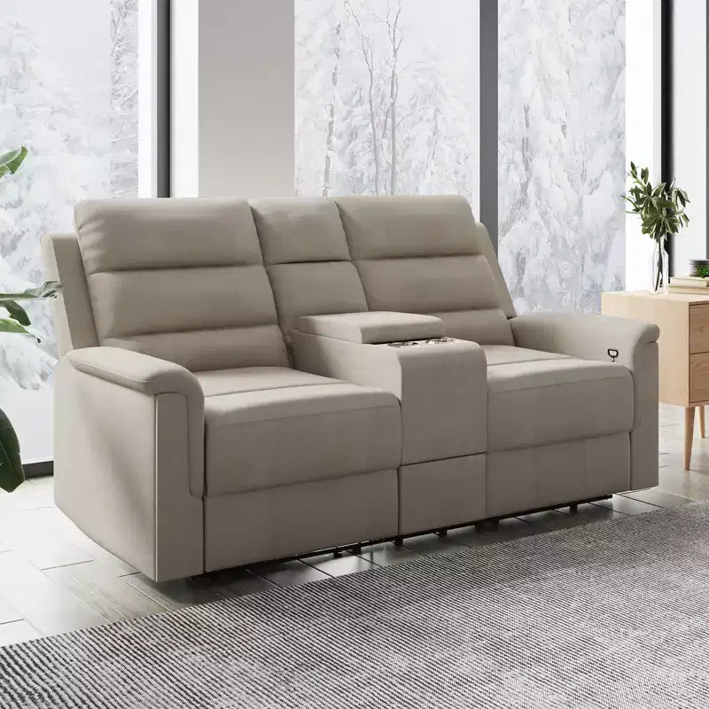 Beige-graues Relaxsofa aus Tech-Gewebe, 2-Sitzer, mit verstellbarer Rückenlehne und Fußstütze