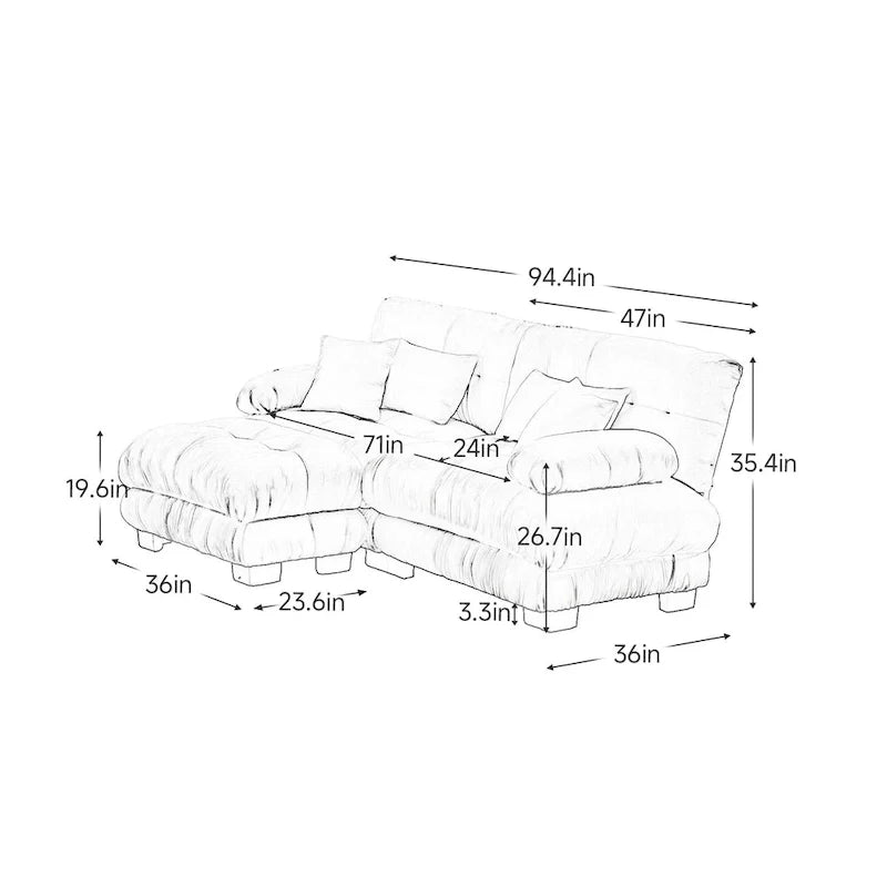 Sofá de dois lugares em forma de L, sofá modular em chenille com almofadas lombares
