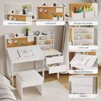 Ensemble bureau et chaise pour enfants, table d’étude en bois avec plateau inclinable réglable, tiroirs et tableau en liège – ensemble bureau d’apprentissage scolaire pour enfants