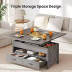 Table basse relevable avec espace de rangement, style ferme, avec deux tiroirs, pour le salon et le bureau à domicile