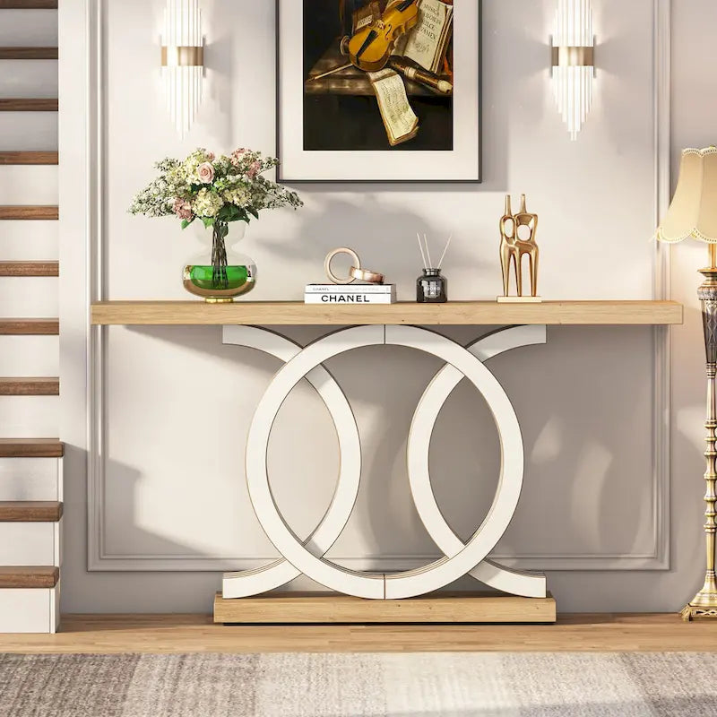 Mesa de consola vintage com base geométrica, mesa de madeira para corredor