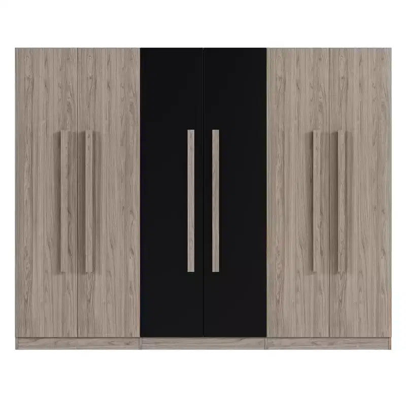 Armário roupeiro 83W com 6 portas, armário de roupa com 2 gavetas, varões para pendurar e prateleiras de arrumação, preto+natural-ModernLuxe