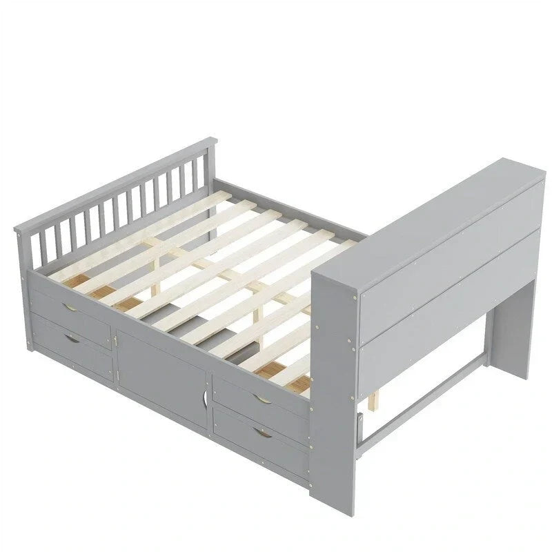 Letto a piattaforma Captain matrimoniale o singolo con 4 cassetti e ripiani contenitori, struttura in legno massello con testiera libreria contenitore