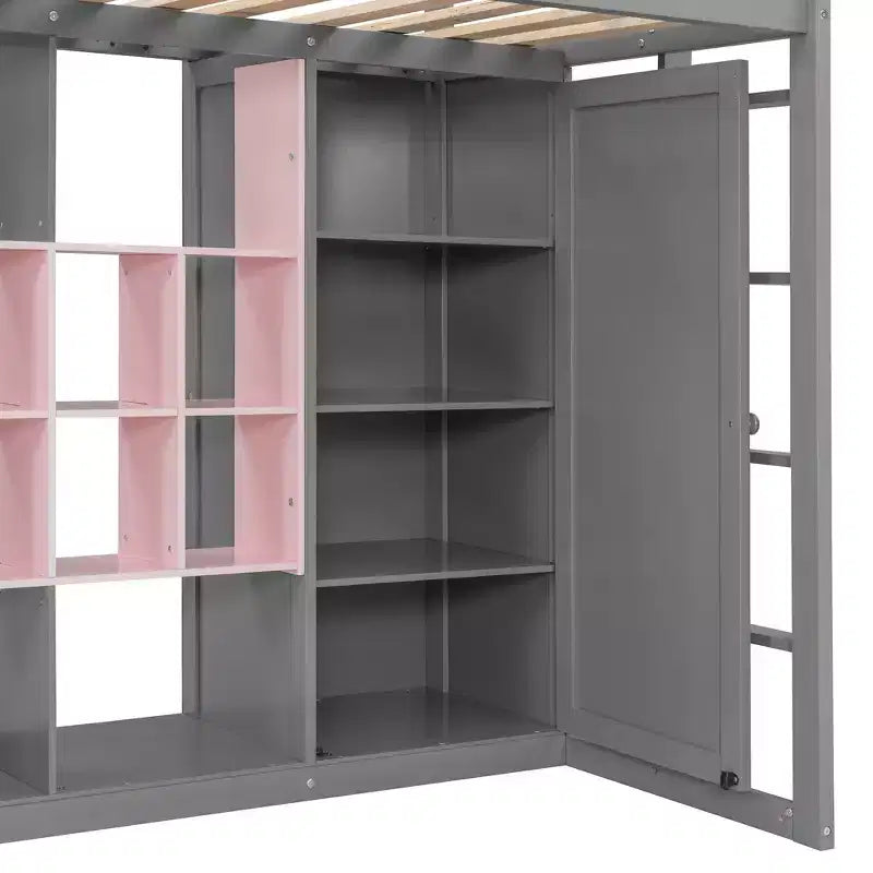 Lit mezzanine pour enfants avec armoire et étagères, cadre de lit mezzanine en bois avec meuble de rangement pour enfants et adolescents