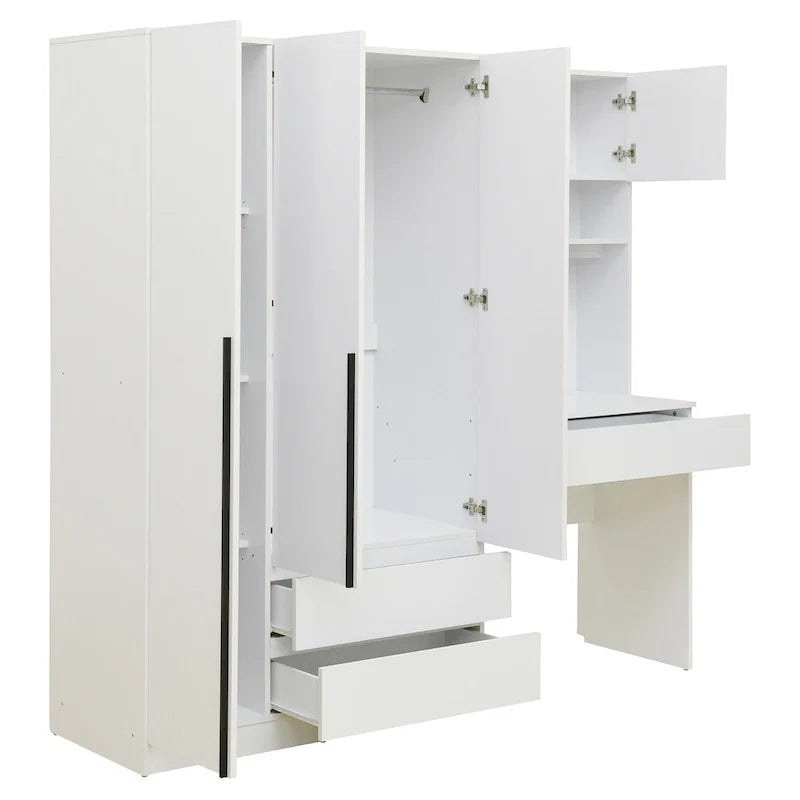 3-in-1-Kleiderschrank mit Schminktisch, Schreibtisch-Set, Schlafzimmerschrank mit 2 Schubladen, 3 Türen und Stauraum