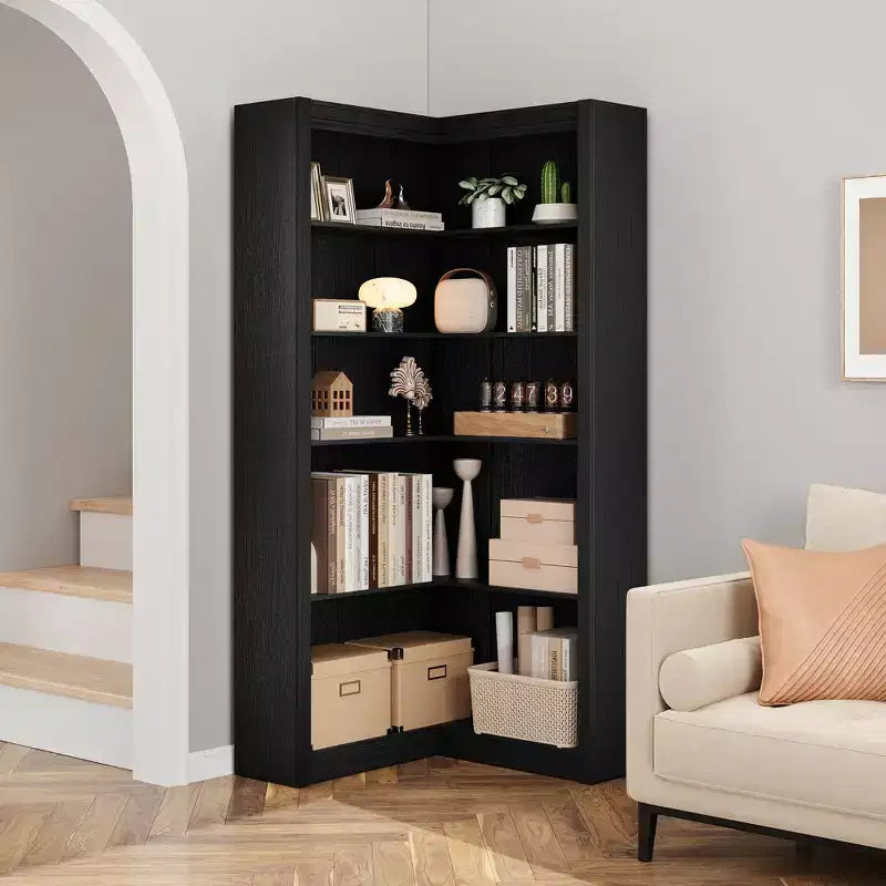 Noir/Blanc/Bois/Rétro, bibliothèque d’angle en L, 5 niveaux, simple